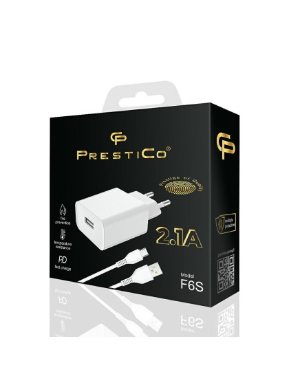 PRESTICO F6S TRAVEL CHARGER  USB/ TYPE C 2.1A   WHITE